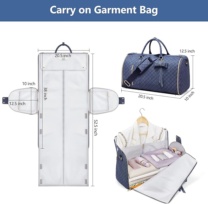 Garment Bags for Travel, Convertible Suit Travel Bag for Women, Stylish Carry On Garment Bag with Toiletry Pocket, Shoulder Strap & Shoes Compartment, 2 in 1 Foldable PU Leather Duffle Bag, Navy Blue