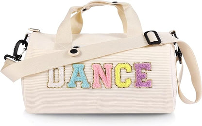 SAIWEILAI ONLINE Dance Ballet Bag for Girls Sport Gym Duffle Bags Overnight Travel Bags Fun Dance Corduroy Chenille Letter Bag for Teen Adult Dancers (Beige)
