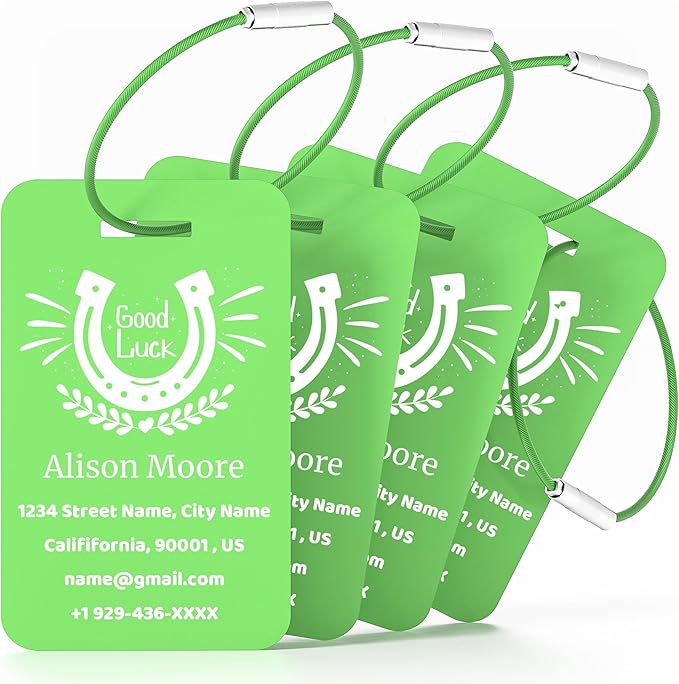 4 PCS Personalized Luggage Tags for Suitcases, Custom Aluminum Luggage Tags for Bags and Backpacks, Waterproof & Heavy Duty Personalized Metal Name Tags for Travel (Green)