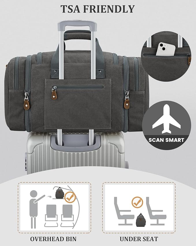 Gonex Canvas Duffle Bag for Travel, Expandable Water Resistant 60L Carry on Duffel Overnight Weekender Gym Bag with Wet Dry Separation Pocket & Suitcase Handle Sleeve, Grey