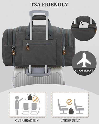 Gonex Canvas Duffle Bag for Travel, Expandable Water Resistant 60L Carry on Duffel Overnight Weekender Gym Bag with Wet Dry Separation Pocket & Suitcase Handle Sleeve, Grey