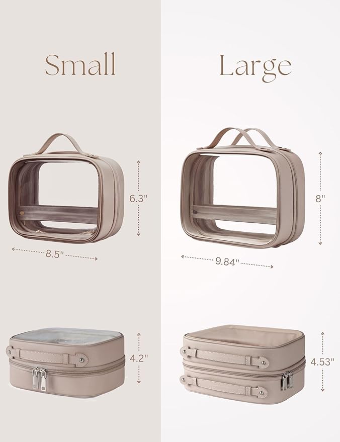 Clear Cosmetic Bag Double Layer Travel Toiletry Bag Clear Makeup Bag Case with 4 Compartments, Transparent Travel Bag for Toiletries, Large Toiletry Bag for Women Cosmetic Case (Taupe, Large)