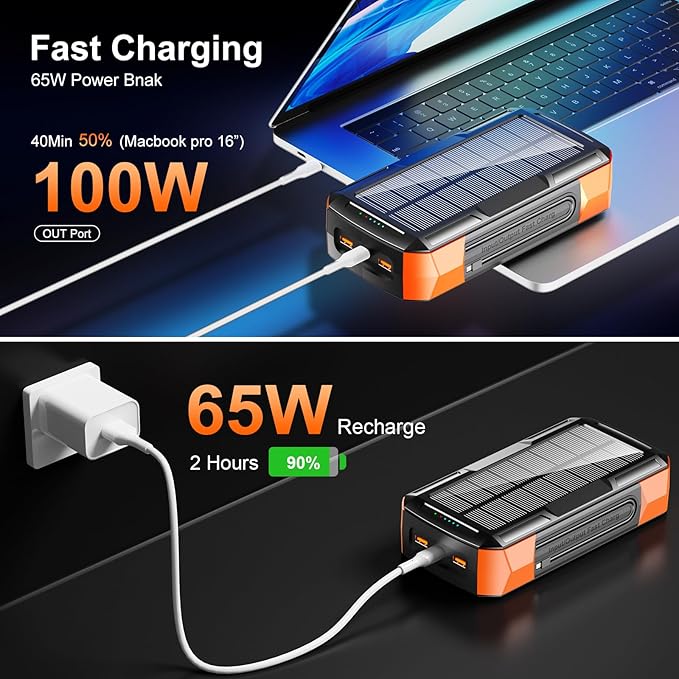 Solar Charger Power Bank 73200mAh, Portable Laptop Charger with 100W USB-C in/Output, Built-in Cables, Hand Crank Power Bank for Mobile Phones, Ideal for Outdoor Use with SOS/Strobe/Strong (orange)