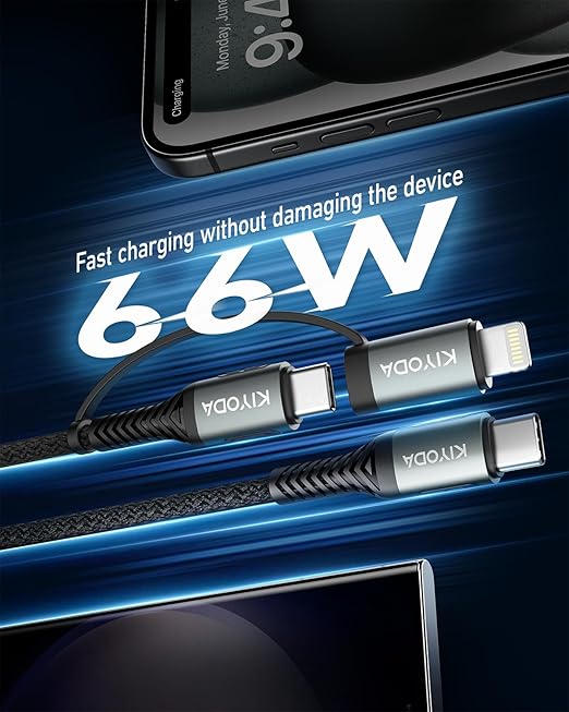 Coiled USB C to Lightning Cable 3FT, 2 in 1 iPhone 15 Charger Cord for Car Nylon Braided Multi Type C to TypeC Fast Charging Cables for iPhone 17 16 15 14 13 12 11 iPad, Samsung Galaxy Sony - 1Pack