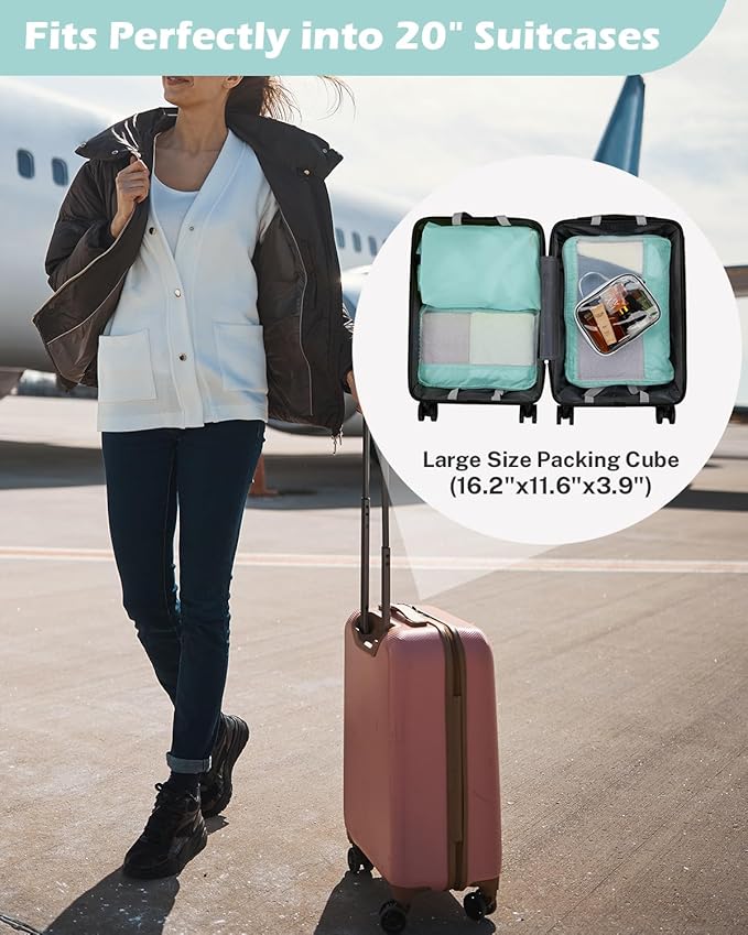 Gonex 8 Set Compression Packing Cubes for Travel, Expandable Mesh Packing Organizer for Travel Accessories Essentials with Toiletry Bag, Laundry Shoe Cable Bag for Suitcases, Grey Blue-green