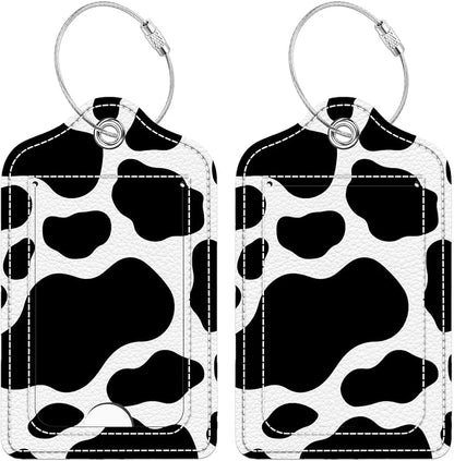 Funny PU Leather Luggage Tags 2-Pack Fantasy Cow Skin Cute Pattern Suitable for Suitcase Stainless Steel Loop and Address Card Essential for Cruise and Airport Travel for Men and Women