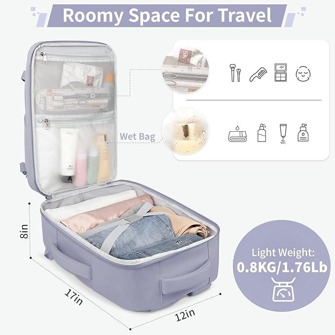 ZOMFELT Travel Backpack for Women Men, Carry On Backpack, TSA 15.6inch Laptop Backpack Flight Approved, Personal Item Travel Bag Nurse Bag Casual Daypack for Weekender Business Hiking Trip, Purple