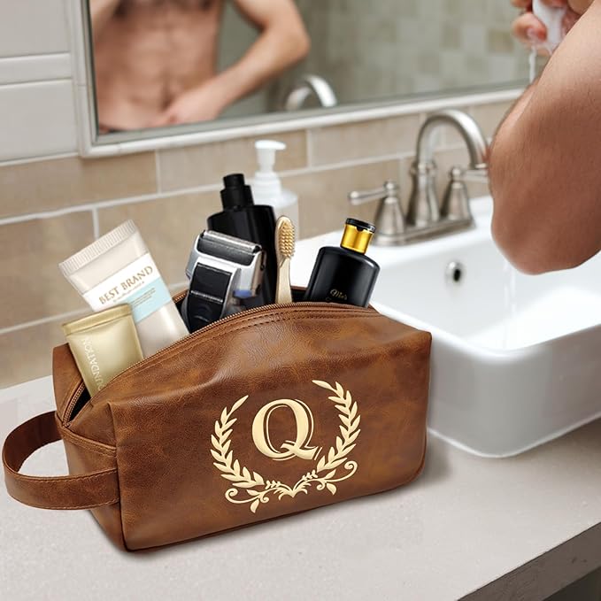Engraved Travel Toiletry Bag Leather Waterproof Kit, Shaving Bag for Toiletries Accessories, Travel Wash Bag for Him(Q)