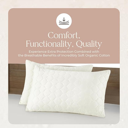 Organic Cotton Pillow Protector - Durable Quilted Pillow Protector Queen Size GOTS & Fairtrade Certified - Thick Hypoallergenic Machine Washable Breathable Cover & Edge Piping - 2 Pack (Ivory, Queen)