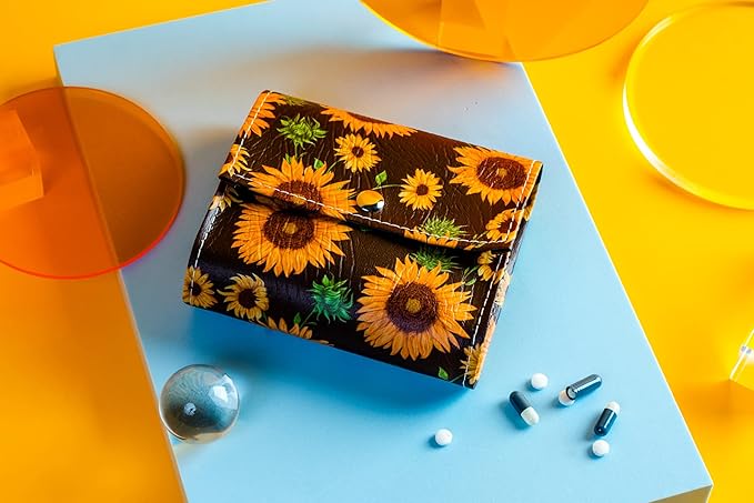 Pill Organizer,LIZIMANDU Weekly Travel Pill Case Box Medication Reminder Daily AM PM, Day Night 7 Compartments,for 4 Times A Day, 7 Days a Week-Includes Leather PU Carrying Case (Sunflower)