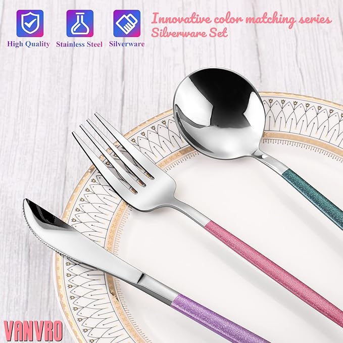 Mirror Silver multicolor Silverware Set, 20-Piece Stainless Steel Flatware Set, Satin Finish tableware Cutlery Set, Service for 4, Home and Restaurant, Dishwasher Safe