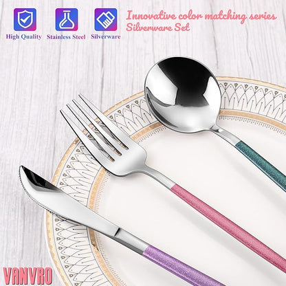 Mirror Silver multicolor Silverware Set, 20-Piece Stainless Steel Flatware Set, Satin Finish tableware Cutlery Set, Service for 4, Home and Restaurant, Dishwasher Safe