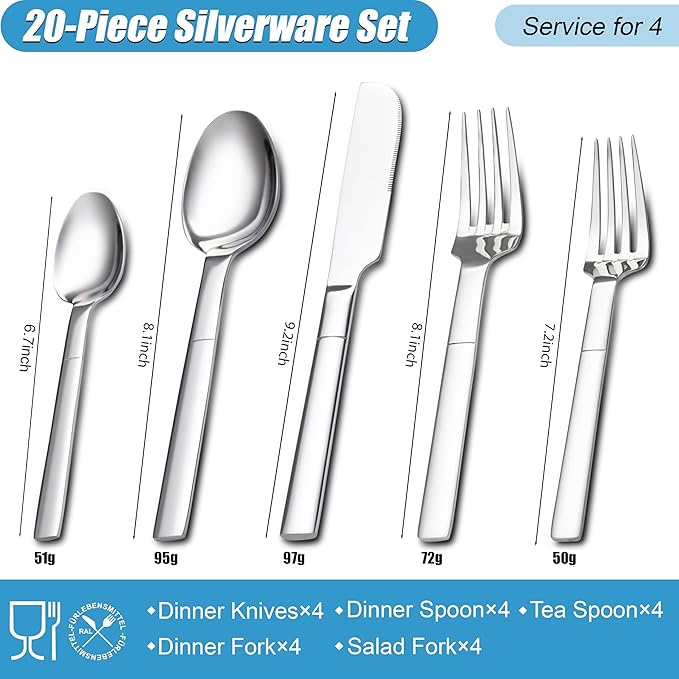 Silverware Set, 20-Piece Flatware Set for 4, Stainless Steel Cutlery Set Mirror Polished Cooking Utensils Set for Home and Kitchen, Dishwasher Safe