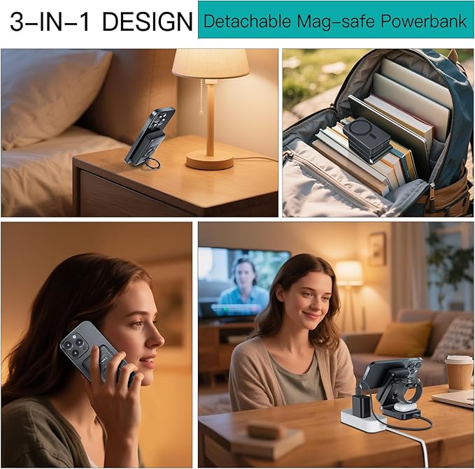 HUOTO 3 in 1 Foldable Magnetic Wireless for iPhone Charging Station,10000mAh Portable Charger Power Bank with Stand for MagSafe Battery Pack for iPhone 17/16/15/14/13/12 Series/Apple Watch/Air pods