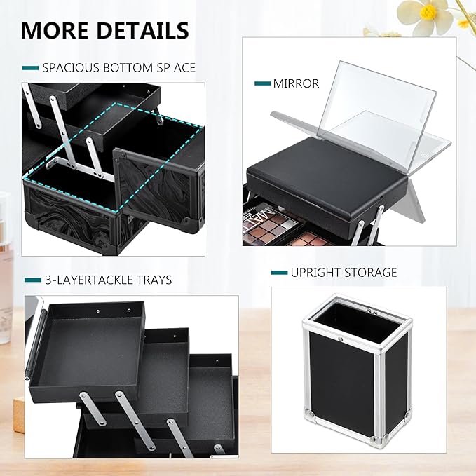 Travel Makeup Case with LED Lighted Mirror - 11.6" Portable Makeup Organizer Box, Cosmetic Train Case with Detachable Brush Holder - Fluid Black