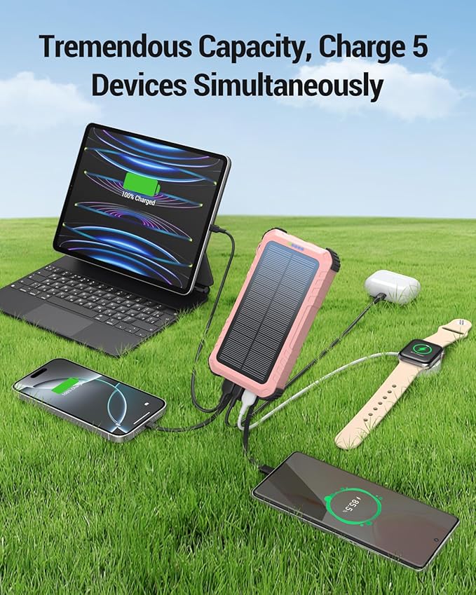 Power-Bank-Solar-Charger 45800mAh Fast Charging with 3 Built-in Cables LED Flashlight Portable External Battery Pack Compatible with iPhone, and-roid, Tablet, Drone, Camera