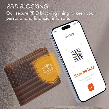 Full Grain Leather Wallet for Men, RFID Blocking, Mens Wallet Bifold with 2 ID Windows, Billfold with 13 Card Slots, Leather Gift for Men, American Flag Wallet Dark Brown