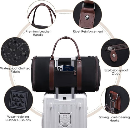 Garment Bag for Airplane Travel, Carry On Garment Duffle Bags for Women, 2 in 1 Travel Suit Bag with Shoes Compartment Carry on Bag Hanging Garment Bag Travel with Shoulder Strap,Black
