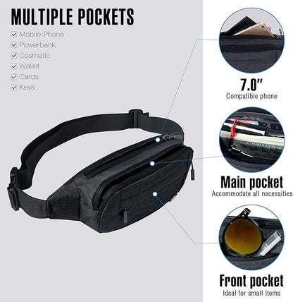 WATERFLY Fanny Pack Waist Bag: Small Hip Pouch Bum Bag Fannie Pack Phanny Fannypack Waistpack Bumbag Beltbag Sport Slim Fashionable for Jogging Hiking Hiker Woman Man