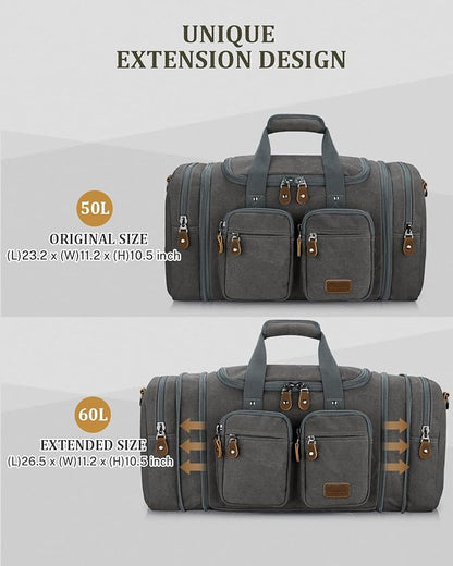 Gonex Canvas Duffle Bag for Travel, Expandable Water Resistant 60L Carry on Duffel Overnight Weekender Gym Bag with Wet Dry Separation Pocket & Suitcase Handle Sleeve, Grey