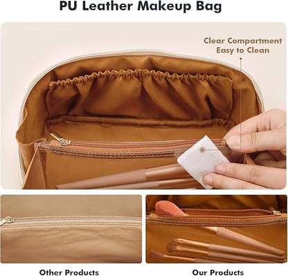 Prite Makeup Bag for Women Travel Waterproof Vegan Leather Cosmetic Bag Open Flat Toiletry Bag With Clear Divider and Handle (Large Brown)