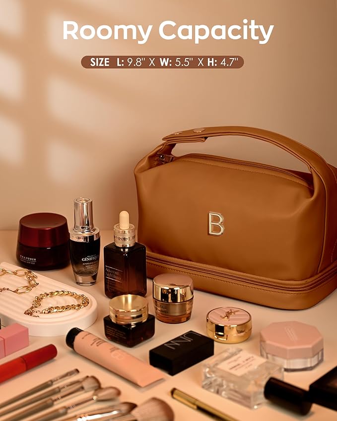 Gifts With Initials for Women, Personalized Makeup Bag with Handle, Initial Double Layer Cosmetic Bag with Makeup Brush Organizer, Cute Cosmetic Pouch for Women, Gifts for Friends Female