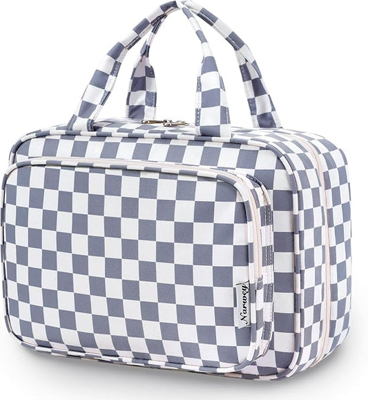 Narwey Travel Toiletry Bag for Women Large Hanging Makeup Bag Organizer Toiletries Bag for Full Size Essentials Accessories Cosmetics (Grayish Blue Checkerboard (Large))