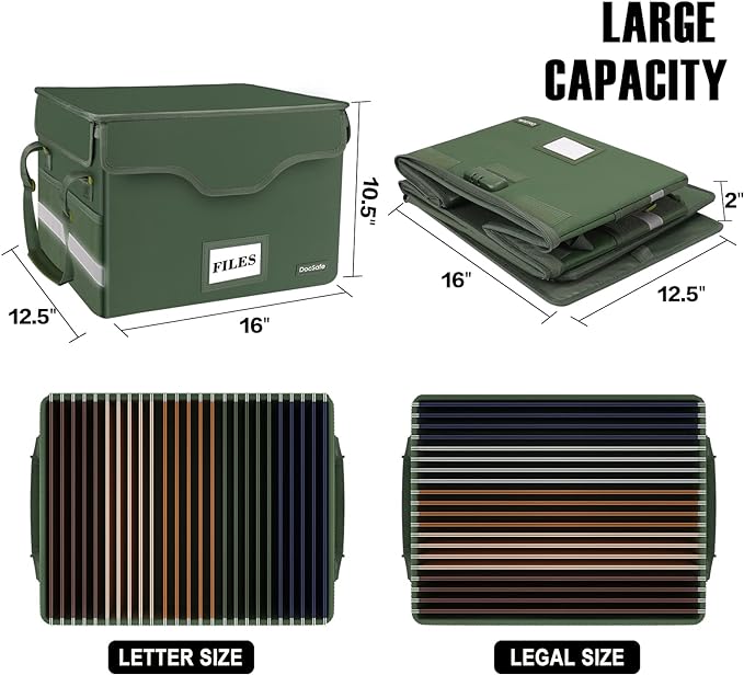 DocSafe Fireproof Document Box with Lock,File Storage Organizer with Pockets,Collapsible Portable File Box Home Office Safe Filing Cabinet with Handle for Hanging Letter/Legal Folders,Green,2 Pack