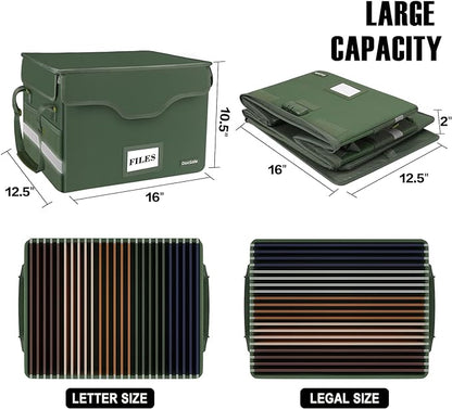 DocSafe Fireproof Document Box with Lock,File Storage Organizer with Pockets,Collapsible Portable File Box Home Office Safe Filing Cabinet with Handle for Hanging Letter/Legal Folders,Green,2 Pack