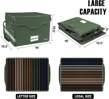 DocSafe Fireproof Document Box with Lock,File Storage Organizer with Mesh Pockets＆Lid,Collapsible Portable File Box Home Office Safe Filing Cabinet with Handle for Hanging Letter/Legal Folder,Green