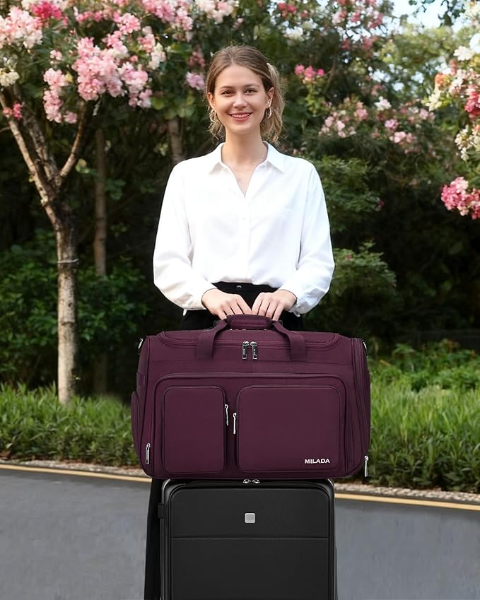 MILADA Carry On Luggage Bags for Travel Large Foldable Duffle Bag for Travel Lightweight Personal Bags for Airplanes Weekend Overnight Bags for Women Mens Travel Bag, Purple