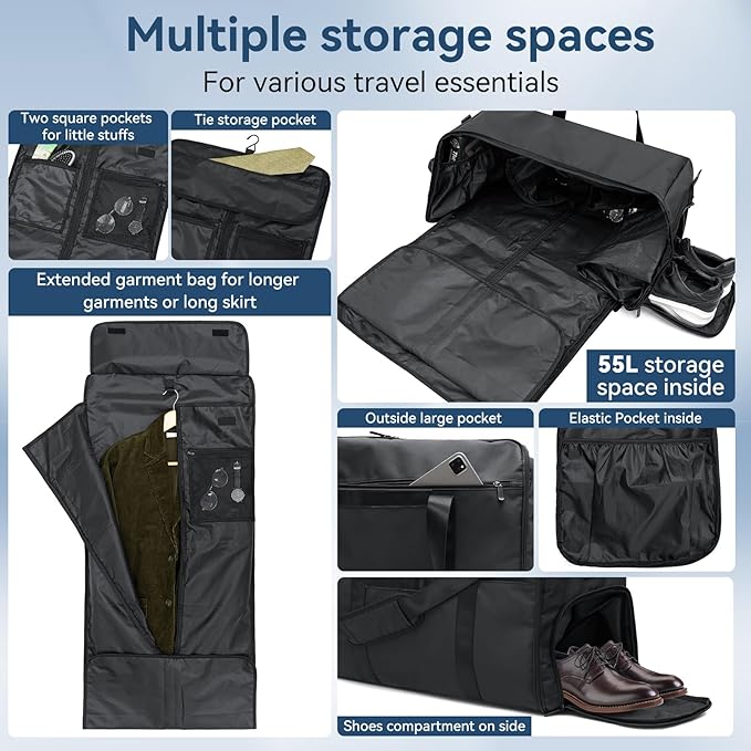 GARPROVM Garment Duffle Bags for Travel, 4 in 1 Convertible Garment Bags with Separated Suit Bag Shoe Compartment, Waterproof Carry On Luggage Bag Backpack for Short Trip, Weekender Bag for Men Women