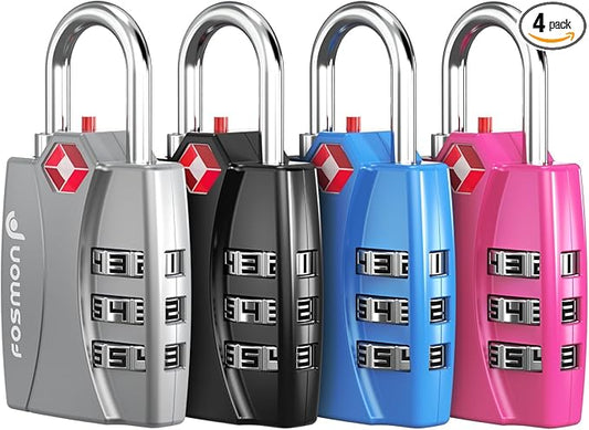 Fosmon TSA Approved Locks for Luggage. Suitcase Locks with Open Alert Indicator, 3 Digit Combination Padlock with Alloy Body for Travel, Backpack Zipper Anti Theft, Locker, Gym, Gun Case, Tent- 4 Pack