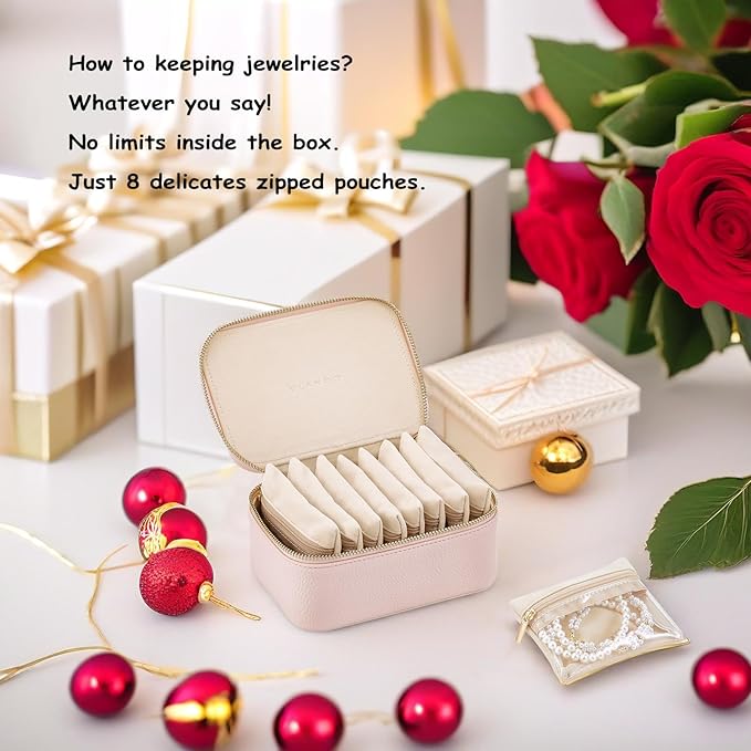 Vlando Travel Jewelry Box Organizer - 8 Small Velvet Zipped Pouches Pockets for Jewelries Necklaces Rings Earrings Sorting Storage, Rosy Mauve