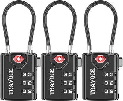 Search Alert TSA Approved Travel Combination Luggage Cable Locks for Suitcase, Gym Locker,Toolbox,Backpack 1,2,4,6 &10 pk (Black 3 Pack)