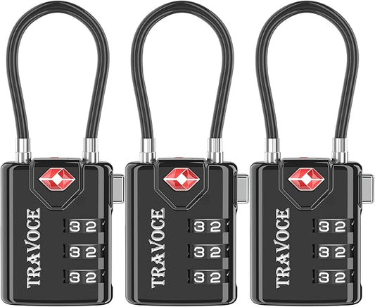 Search Alert TSA Approved Travel Combination Luggage Cable Locks for Suitcase, Gym Locker,Toolbox,Backpack 1,2,4,6 &10 pk (Black 3 Pack)