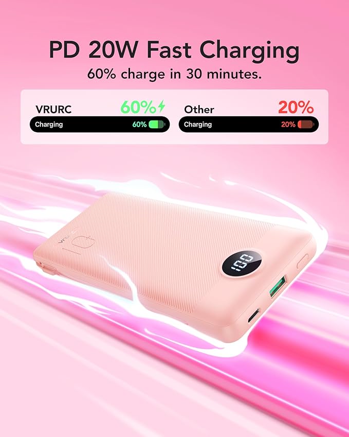 VRURC Portable Charger Power Bank with Wall Plug, 10000mAh Portable Charger with Built in Cables, PD 20W Fast Charging Portable Charger with Cords External Charger Travel Accessories-Pink(1 Pack)