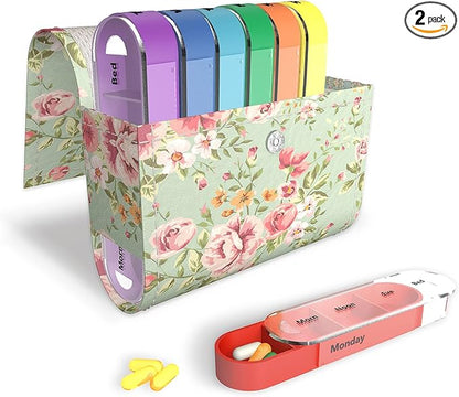 Pill Organizer,LIZIMANDU Weekly Travel Pill Case Box Medication Reminder Daily AM PM, Day Night 7 Compartments,for 4 Times A Day, 7 Days a Week-Includes Leather PU Carrying Case (Blue Rose)