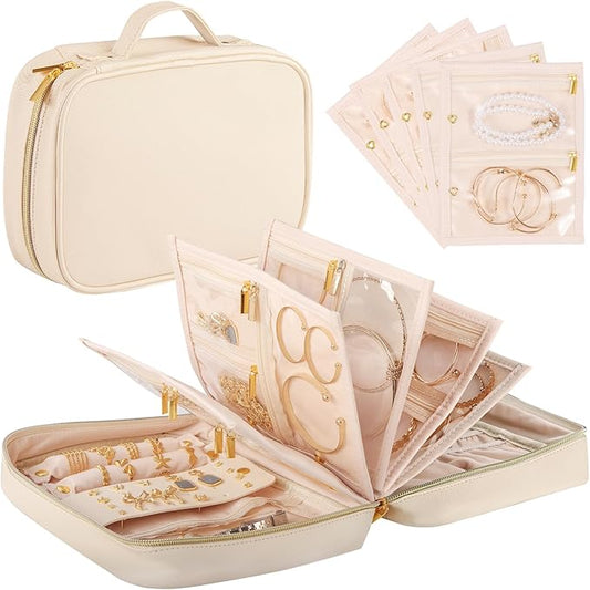 Vutlue Travel Jewelry Case Organizer for Women, Jewelry Storage Book with Small Pouch, Travel Jewelry Bag Case for Traveling Necklace, Earrings, Rings, Bracelet Organizer (Beige)