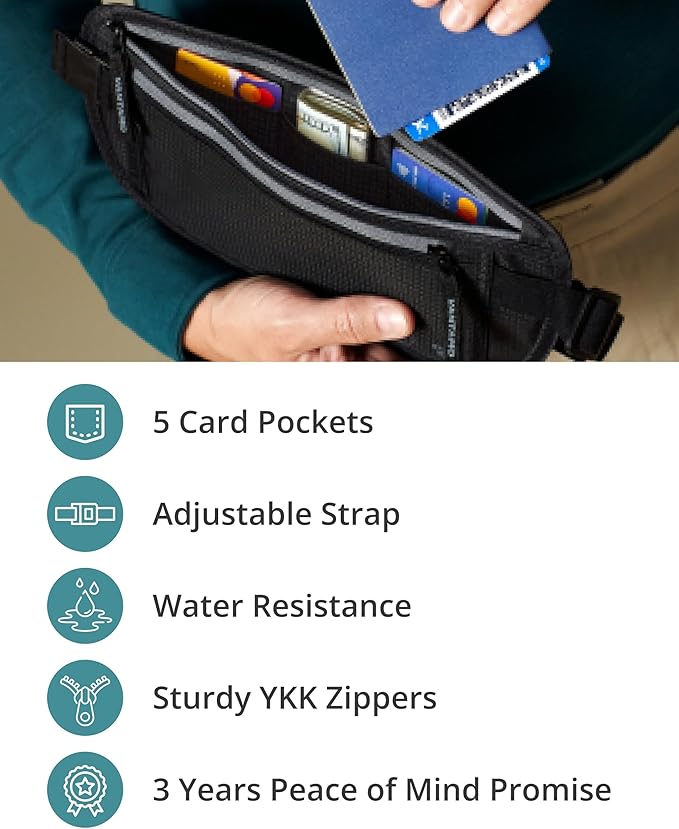 Vantamo Money Belt with RFID For Men & Women, Hidden Passport Holder for Travel, 2 Compartment Travel Fanny Pack for Women Anti Theft