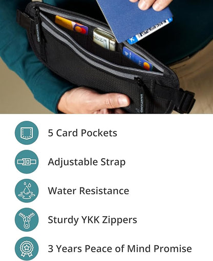 Vantamo Money Belt with RFID For Men & Women, Hidden Passport Holder for Travel, 2 Compartment Travel Fanny Pack for Women Anti Theft