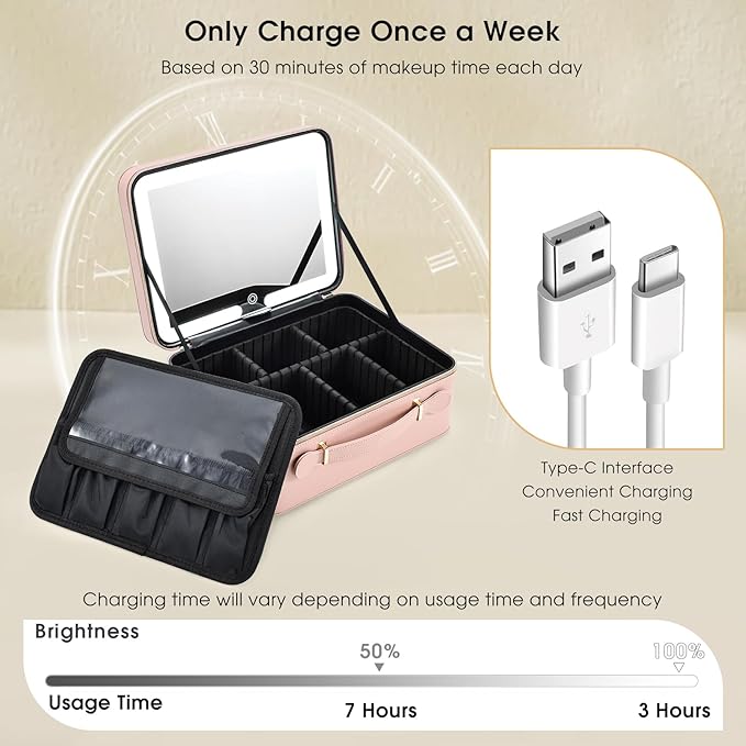 Leather Makeup Case with LED Lighted Mirror 11.4 Inch Travel Makeup Bag Adjustable Brightness in 3 Colors Cosmetic Organizer Artist Storage Bag with Dividers Brush Holder Storage Vanity Pink