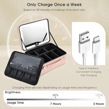 Leather Makeup Case with LED Lighted Mirror 11.4 Inch Travel Makeup Bag Adjustable Brightness in 3 Colors Cosmetic Organizer Artist Storage Bag with Dividers Brush Holder Storage Vanity Pink