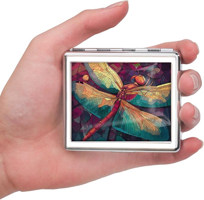 7 Days Chromed Shiny Silver Pill Organizer with Mirror Inside Has 8 Separate Compartments Rectangle,Versatile Storage for Medication - Ideal Travel Accessory (Painted Dragonflies)