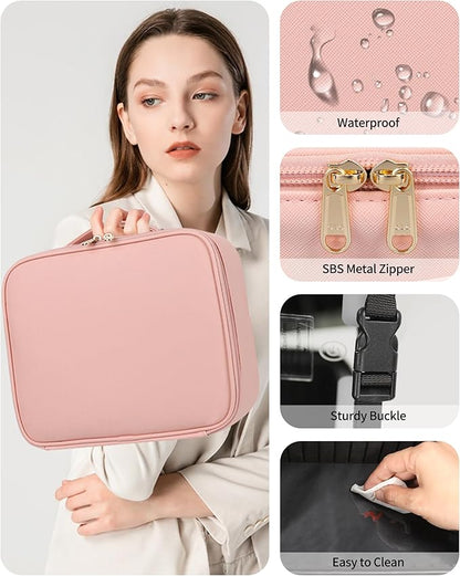 TANTO Makeup Bag With LED Mirror, Travel Makeup Case with Light up Mirror Large Cosmetic Case with 3 Color Lighted Portable Professional Organizer Bag with Adjustable Dividers（Pink）
