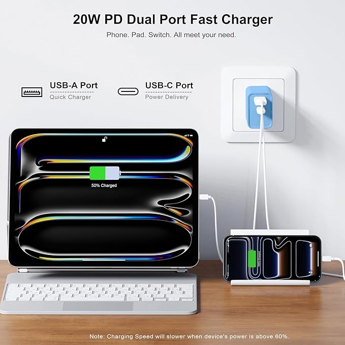 3 Pack Dual Port USB C Charger Block, 20W Power Delivery + QC3.0 USB A Double Port Fast Charging Brick for iPhone 14 15 16 17 Pro Max Plus SE X XS Cube, Quick Charge Plug Adapter (Blue)