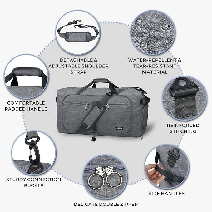 Fmeida 65L Duffle Bag with Shoes Compartment, Foldable Travel Duffel Bags for Men Women, Large Packable Travel Bag Water Repellent & Tear Resistant (Gray)