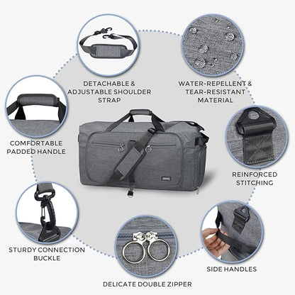 Fmeida 65L Duffle Bag with Shoes Compartment, Foldable Travel Duffel Bags for Men Women, Large Packable Travel Bag Water Repellent & Tear Resistant (Gray)