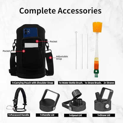 Insulated Water Bottle 128oz,Triple Wall Vacuum Stainless Steel(Dishwasher Safe),Leak Proof & Non-BPA,Flask Jug with Paracord Handle & Straw Spout Lids Sports Navy Blue