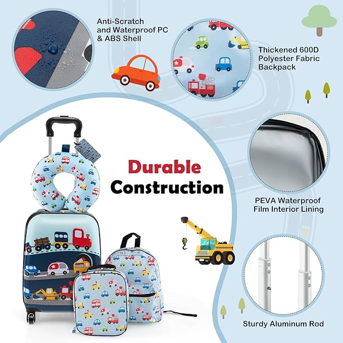 Goplus 5 Piece Kid’s Luggage Set, 16” Carry on Suitcase w/13” Backpack, Neck Pillow, Hardside Spinner Toddler Luggage, Travel Rolling Suitcase for Boys Girls Gifts (Blue, Car)